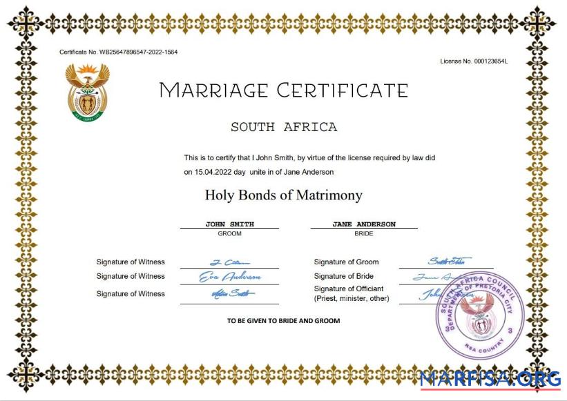 Downloadable South Africa marriage certificate Word and PDF template